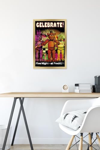 Trends International Five Nights at Freddy's - Celebrate Wall Poster, 14.725" x 22.375", Gold Framed Version - color: Gold Framed Version, size: 22.4"L x 14.7"W