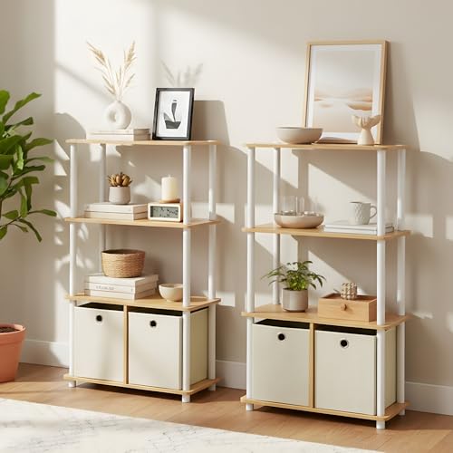 Furinno Go Green 4-Tier Multipurpose Storage Rack Shelving Unit with Bins (Set of 2), Beech - color: Beech/White, size: 4-Tier with Bin (Set of 2)