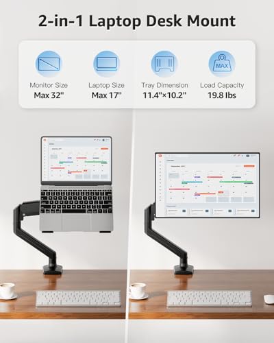 MOUNTUP Laptop Stand for Desk, Adjustable Aluminum Laptops Arm Mount for 14-17 Inch Notebook & 32" Monitor, Laptops Arm for Desk Support for 2.2-19.8lbs, 2-in-1 Laptop Desk Mount with Clamp/Grommet - color: Black, size: Laptop