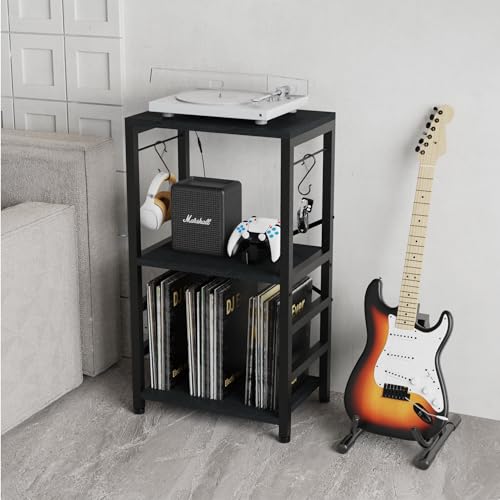 YAKANJ End Table with LED Light,Record Player Stand with Albums Storage,Vinyl Records Storage,Turntable Stand Side Table for Music Room Studio Living Room Bedroom-Modern Black - color: Modern Black