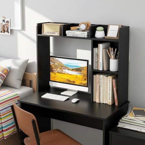 Tangkula Desktop Bookshelf, Countertop Storage Hutch with Shelves for Computer Desk, Desk 3-Tier Display Rack, Multipurpose Wood Desktop Hutch Storage Organizer for Dorm Office (Black,5 Shelves) - color: Black, size: 5 Shelves