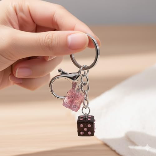 Dice Keychain – Luckly Keychains Bag Charms for Women with Pink Glitter and Crystal Studs, Cool Key Chains Gifts for Game Lovers