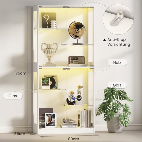 Lamtor Glass Display Cabinet with RGB LED Light & Adjustable Shelf | White | 69" Curio Cabinet, Pop-Up Glass Doors, Adjustable Shelves, Anti-Tip Design - color: White