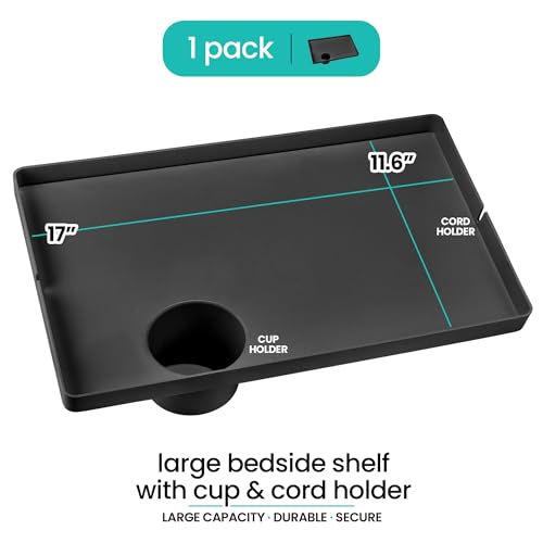 Modern Innovations Large Black Bedside Shelf for Bed, 1 Count Clip On Nightstand with Cup Holder and Cord Holder, College Dorm Bunk Bed Shelf for Top Bunk or Kids Bedroom - color: Black, size: X-Large