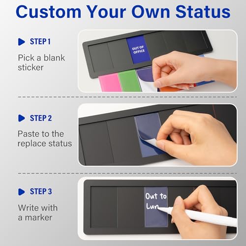 Office Door Signs with 6 Printed Status Options – Do Not Disturb, Out of Office, In a Meeting, Please Knock, Back Soon, Come on in – Includes Custom Personalized Blank Sticker for Privacy Workspace or Studio Available and Away - style: Black--Come on in