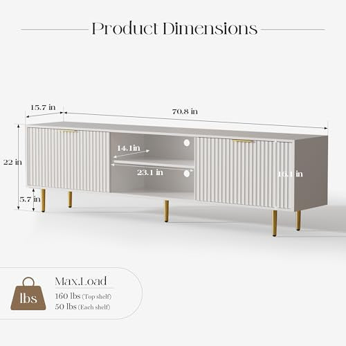 70'' Fluted TV Stand, Mid-Century Modern TV Console for 65/70/75/80 Inch TV, Wood Entertainment Center with Storage, Sliding Doors, Adjustable Shelves and Media Console for Living Room, Bedroom, White - color: White, size: 70.8"