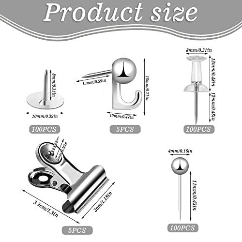 310 Pcs Silver Push Pins Set, Thumb Tacks Decorative Push Pins for Cork Board with Push Pin Hook Pushpin Clip 5 Style Office Accessories for Cork Board Map Office (Silver) - color: Silver
