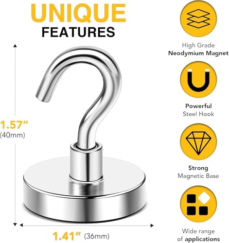 DIYMAG Magnetic Hooks,170lbs Heavy Duty Magnets with Hook Silver 12 Pack | Rare Earth N52 2026 Cruise Cabin Ship Essentials for Fridge Hanging Classroom Beach Vacation Kitchen Grills Home Must Have - color: Silver, size: 1.41in