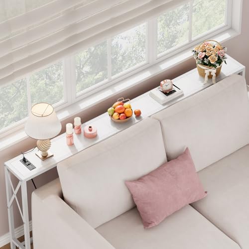 Gewudraw 70 in Skinny Sofa Table Behind Couch, Console Table with Oulets & USB Ports for Hallway, Entryway,Living Room, Bedroom, White | Industrial Style, Long Skinny Design, Hallway & Living Room, Built-In Power Outlets, 172cm Length - color: White, size