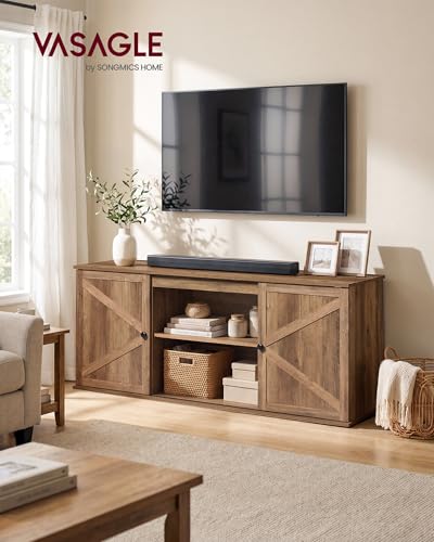 VASAGLE Farmhouse TV Stand for TVs up to 65 Inches, Entertainment Center with Storage Cabinets and Sliding Barn Doors, Media Console Table for Living Room, Honey Brown ULTV535K101 - color: Honey Brown, size: 58"L, style: TV Stand