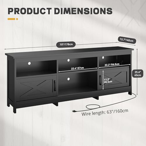 YITAHOME TV Stand for 80/75/70 Inch TVs with LED Lights, Farmhouse Entertainment Center with Storage Cabinets, Open Shelves & Adjustable Shelf for Living Room, Black - color: Black, size: 70"W
