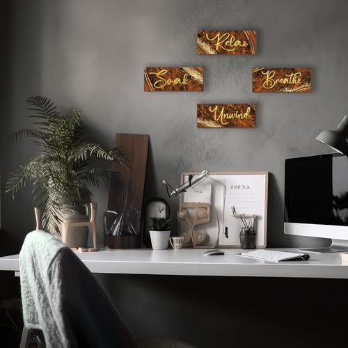 ONIZHITY 4 Pcs Wooden Rustic Marble Style Bathroom Accessories - Orange Gold Wall Decor for Bedroom, Living Room, Office, Kitchen (10X4) - color: Orange Gold, size: 10 X 4 Inch