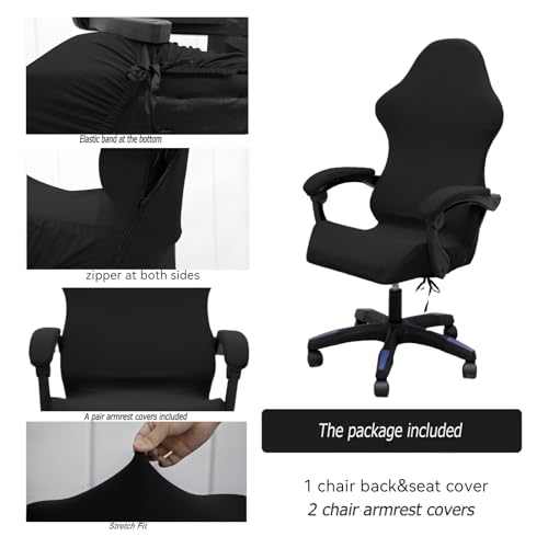 Gaming Chair Cover Set with Armrest Covers, Stretch Ruffled Slipcover for Racing Office Computer Reclining Chairs (Black) - color: Black