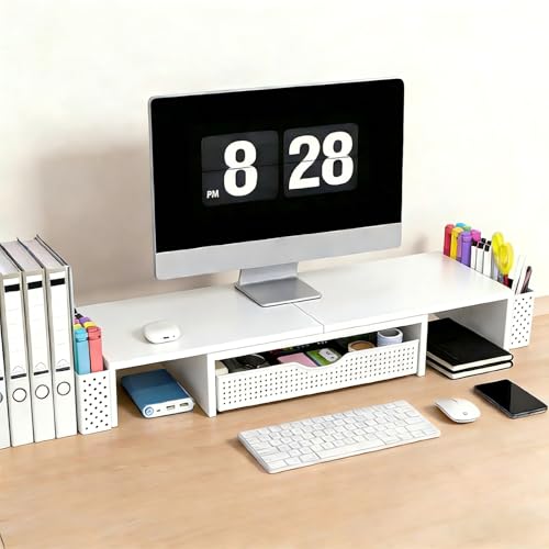 Spacrea Metal Desk Organizers and Accessories, Dual Monitor Stand Riser with Drawer and 2 Pen Holders, Desk Accessories & Workspace Desktop Organizers for Office Supplies (White) - color: White