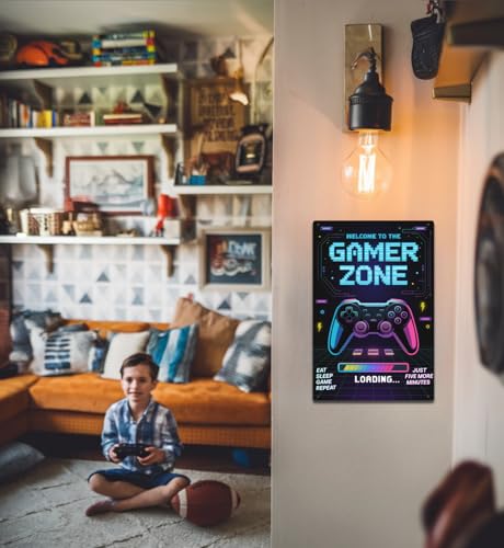 Gamer Room Decor for Boys Welcome Sign: Gaming Wall Art Accessories, Cool Play Room Posters for Boys Room, Kids Door Sign Gifts, Teenage Wall Pictures, Bedroom Decorations, Video Game Stuff for Gamer - style: Pixel Gamer Zone