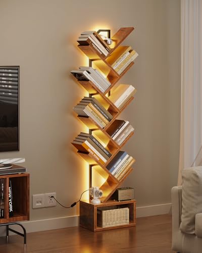 Casaottima Tree Bookshelf with LED Lights, 8-Tier Narrow Bookcase for Small Spaces, Tall Steel & Wood Storage Shelf with Cabinet, Home Decor & Organizer for Living Room/Bedroom/Home Office, Vintage - color: Vintage, size: 8 Tier