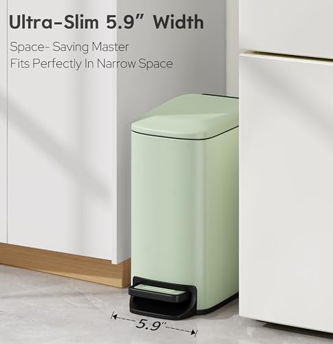 TIPGO Slim Bathroom Trash Can with Lid Soft Close, 6 Liter / 1.6 Gallon Stainless Steel Garbage Can with Removable Inner Bucket, Step Pedal, Small Trash Cans for Bedroom, Office, Kitchen (Green) - color: Green