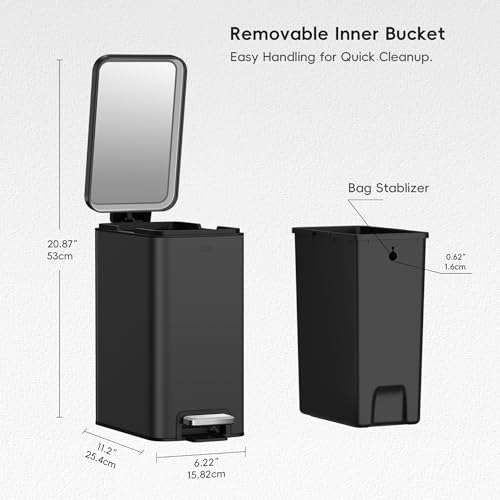 EKO Small Bathroom Trash Can with Lid Soft Close, Step Pedal, 6 Liter / 1.6 Gallon Stainless Steel Garbage Can with Removable Inner Bucket, Anti-Fingerprint Finish (Matte Black) - color: Matte Black, size: 6L