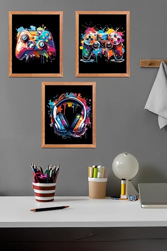 BAYKUL Watercolor Gaming Posters Set of 3 (8x10 Inches), Room Wall Decorations for Bedroom, Video Game Room Decor, Gamer, Boy, Teen Room Wall Art Decor, Gaming Room Accessories (Black Gaming) - color: Black Gaming