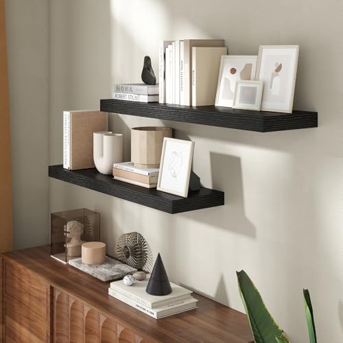 36 Inch Floating Shelves for Wall, 8 Inch Deep Floating Shelf for Storage & Display, Rustic Wall Mounted Shelf with Invisible Brackets for Living Room, Kitchen, Bathroom, Home Decor, Set of 2, Black - color: Black, size: 36 Inch, Set of 2