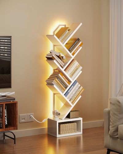 Casaottima Tree Bookshelf with LED Lights, 6-Tier Narrow Bookcase for Small Spaces, Tall Steel & Wood Storage Shelf with Cabinet, Home Decor & Organizer for Living Room/Bedroom/Home Office, White - color: White, size: 6 Tier