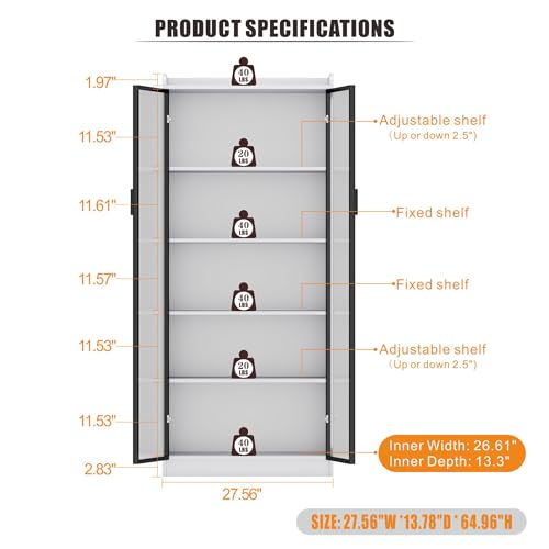 Dystler 65" Tall 5-Tier Display Cabinet with Doors and Adjustable Shelves | Curio Case Bookcase for Collectibles & Models, Motion Sensor LED Lights for Bedroom Living Room Office, White - color: White