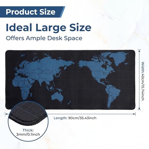 Jeffbaubl Black World Mouse Pad, 35.4 x 15.7 Inch Large Desk Mat, Extended Mousepad Desks Mat, Non Slip Rubber Base & Stitched Edges Desk Pad, Waterproof Mousepad for Computer Office Home Use
