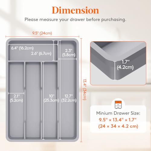 Lifewit Silverware Drawer Organizer Tray, Plastic Cutlery Storage for Kitchen, Flatware and Utensil Holder Divider for Spoons Forks Knives Tableware, 9.5 x 13.4", 5 Slots, Gray - color: Gray, size: 9.5 x 13.4 inch (5 Slots)