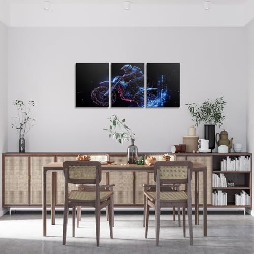 Feelyou Kids Blue Dirt Bike Canvas Wall Art for Living Room Bedroom Racing Motocross Wall Painting Posters Motorcycle Picture Wall Decor Boys Girls Extreme Sports Bathroom Wall Art 12"x16"x 3Pcs - color: Multi K20