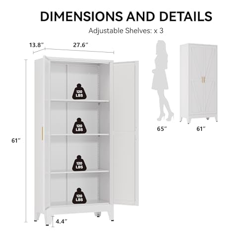 COFaR 61" Metal Pantry Cabinet with Adjustable Shelves, White Storage Cabinet with Doors and Shelves, Sturdy Freestanding Cupboard for Kitchen Pantry, Bathroom Storage, Living Room & Office - color: White, size: 61"H 4 Tiers