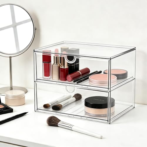 Prsildan Acrylic Makeup Organizer, 2 Pack Stackable Clear Storage Drawers for Baby Bottles Desk Organizers with 2 Drawers for Countertop Vanity Nursery Modular System for Cosmetics Jewelry - style: Style1-2 Drawers