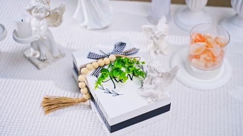 Capoda 3 Pcs Decorative Books for Home Decor Farmhouse Faux Stacked Books Wooden Rustic Table Decor with Bead Garland Twine Ribbon Faux Leaf for Table(Welcome) - style: Welcome