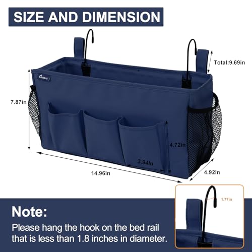 Surblue Bedside Organizer with Hook Bedside Caddy Hanging Storage Bag with Adjustable Straps and Water Bottle Holder for Home College Dorm Bunk Bed Accessories, Crib Bed Rails, Hospital Bed,Navy - color: Navy