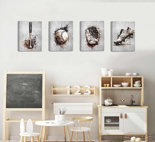 Framed Baseball Wall Art Canvas Prints,Vintage Graffit Baseball Art Poster,Baseball Pictures Sport Art Print for Man Cave Decorations Set of 4 (8"x10",Framed) - color: Framed--Baseball Wall Art Poster