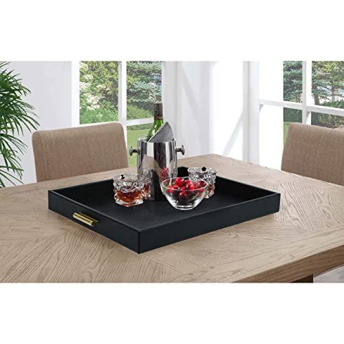 HofferRuffer Extra Large Serving Tray with Handles, Elegant Faux Leather Storage Decorative Tray for Coffee Table, Ottoman, Console Table, 20 x 16 x 2.2 inches (Black Tray+Golden Handle) - color: Black Tray+golden Handle, size: 20" x 16" x 2.2"