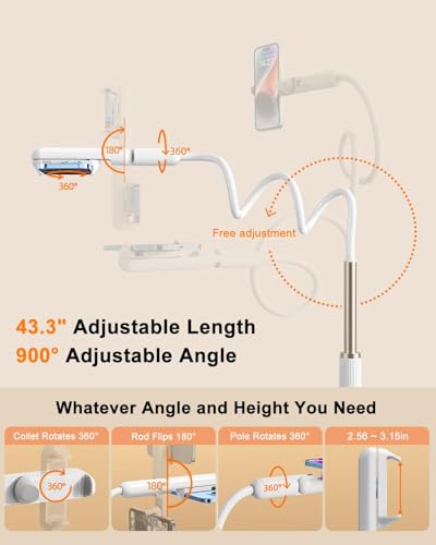 Gooseneck Phone Holder for Bed, Universal Cell Phone Stand with Clamp Mount, 900° Rotation Overhead Phone Mount with Flexible Long Arm for Bedside,Headboard,Desk (43.3 Inches Length) - size: 43.3 Inches Length