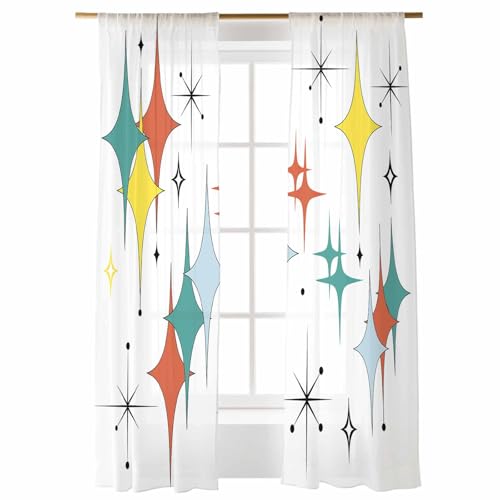 Middle Century Modern Sheer Curtains 84 Inch Length 2 Panels Set for Living Room/Bedroom, Teal Green Yellow Orange Geometric Retro Semi Curtain Sheers Drapes Rod Pocket Curtains Window Treatment Set - color: Midcentury, size: 52"W x 84"L (Pack of 2)