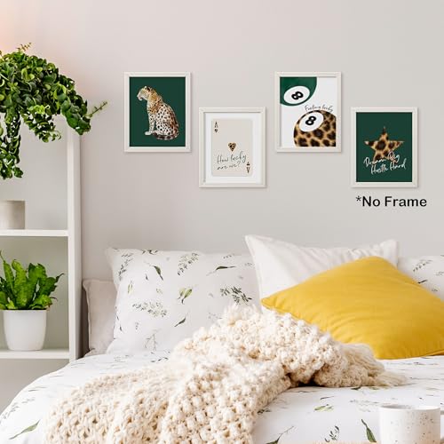 TLESKE Emerald Green Preppy Cheetah Leopard Posters Prints Unframed 8x10 Set of 4,dark green Trendy Lucky 8 Balls Wall Art Prints Decor for Teen Girls Dorm Bedroom, Retro Cheetah Print Wall Pictures - color: emerald green cheetah, size: 10L" x 8W"