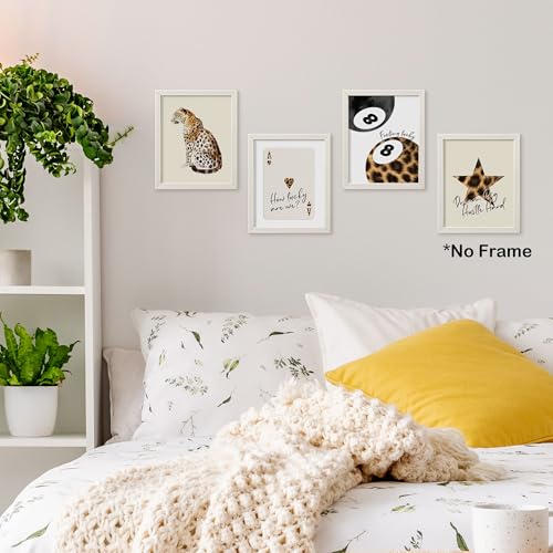 TLESKE Beige Cheetah Preppy Posters Prints Unframed 8x10 Set of 4, Trendy Aesthetic Lucky 8 Balls Wall Art Prints Decor for Teen Girls Dorm Bedroom Living Room, Retro Cheetah Print Wall Picture - color: beige cheetah, size: 10L" x 8W"