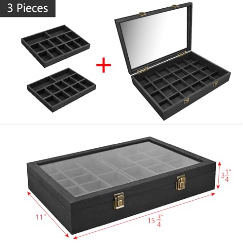 MOOCA Tempered Glass Jewelry Box Organizer, Two-Layer Jewelry Display Case for Necklaces, Earrings, Bracelets, Rings - Elegant Storage Solution, Black Color - color: Black, size: 2-Layer Set, 2 inch high