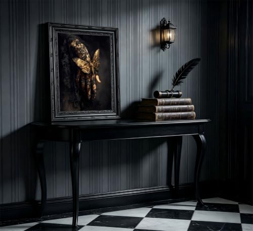 Gothic Moth Hand Framed Wall Art, Vintage Dark Aesthetic Single Panel Canvas Print with Ornate Black Carved Frame, Witchy Dark Academia Decor for Bedroom Living Room Halloween - color: Black Moth Hand, size: 16"L x 12"W