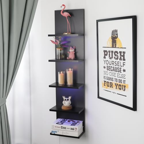 5 Tier Wall Shelf Unit, RGB Lack Shelf, Vanity Shelves with Light,Black Shelves for Room,Office,Bathroom,Remote Control - color: 5 Tier Rgb Black