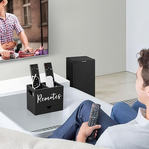 Remote Control Holder, TV Remote Holder with Drawer, Wood Remote Control Organizer for Table, Media Storage Box for Nightstand, Living Room (Black,2 Slots) - color: Black - 2 slot