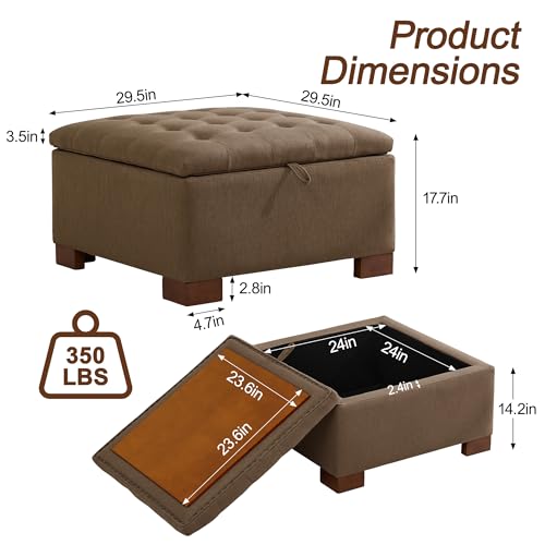WUTUTUEE 30" Fabric Square Storage Ottoman with Wooden Tray, Modern Tufted Button Footstool Coffee Table, Upholstered Large Ottoman for Living Room, Bedroom, Brown - color: Brown, size: 30 Inch