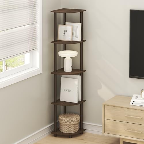 Furinno TURN-N-TUBE Corner Shelf Set of 2, 5-Tier Corner Bookshelf, Open Storage Shelves, for Organization and Storage, Living Room, Home Office, Garage, Walnut - color: Walnut/Brown, size: 5-Tier Round Tube (Set of 2)