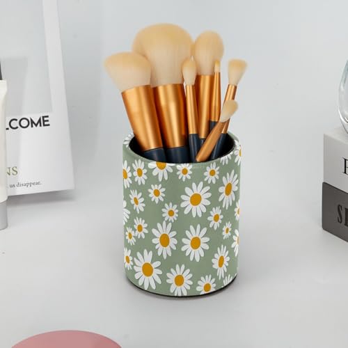 Light Green and Daisy Pen Holder Pencil Organizer for Desk, 3.1” x 3.1” x 3.9” Pencil Cup Office Supplies, Large Capacity Cute Pen and Makeup Brush Holder for Home, School, Desktop - color: Light Green and Daisy