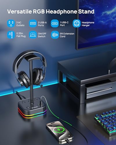 TROND Headphone Stand with USB C, Desk Gaming Headset Holder with 3 AC Outlets, 2 USB-A and 1 USB-C, Headset Stand with 5 RGB Light Modes, for Gaming Desk Accessories Gamer Boyfriend Gifts