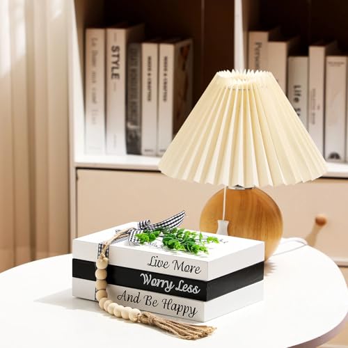 Capoda 3 Pcs Decorative Books for Home Decor Farmhouse Faux Stacked Books Wooden Rustic Table Decor with Bead Garland Twine Ribbon Faux Leaf for Table (Smile) - style: Smile