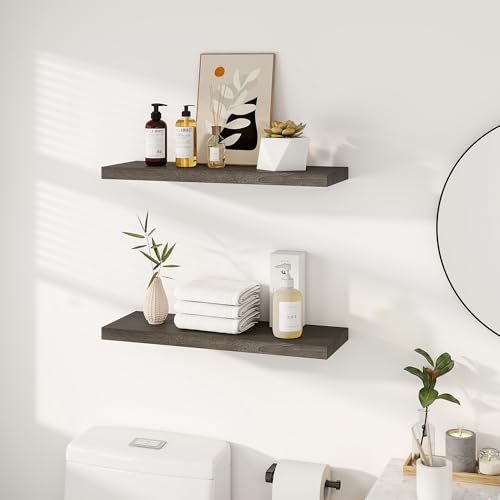 Vivelove Flat Edge Elm Wood Floating Shelf with Invisible Bracket 24”Grey - color: Grey, size: 24”,set of 2