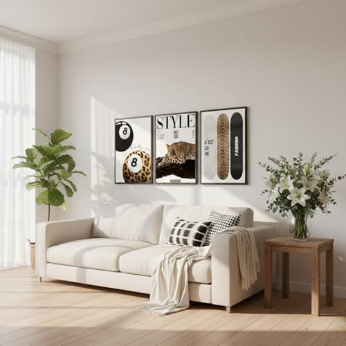 3Pcs Trendy Leopard Wall Art Preppy Aesthetic Stylish Leopard Painting Picture Wall Decor Funky Lucky 8 Ball Cheetah Poster Print Artwork for Bedroom Living Room Bathroom Home Decoration Unframed - color: Poster, size: 16"L x 12"W